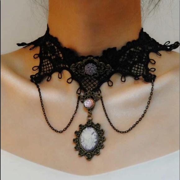 None Jewelry - Lolita Goth Vampire Black Lace Cameo Rose Pendant Choker